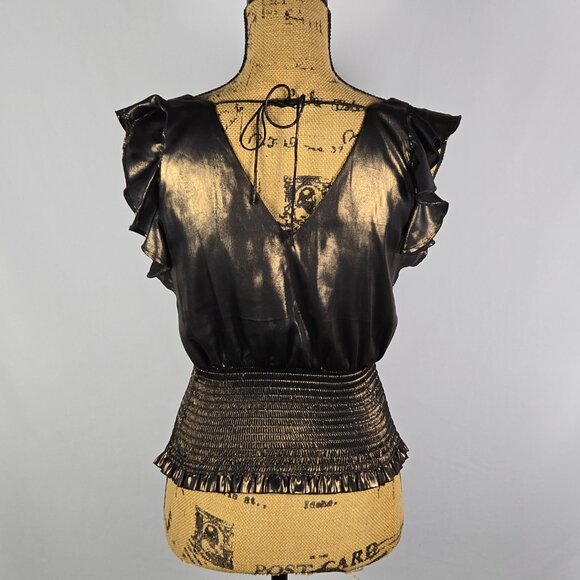 Nine West Womens‎ XS Metallic Black Ruffle Top Smocked Waist Y2K Disco Night Out - Picture 3 of 10